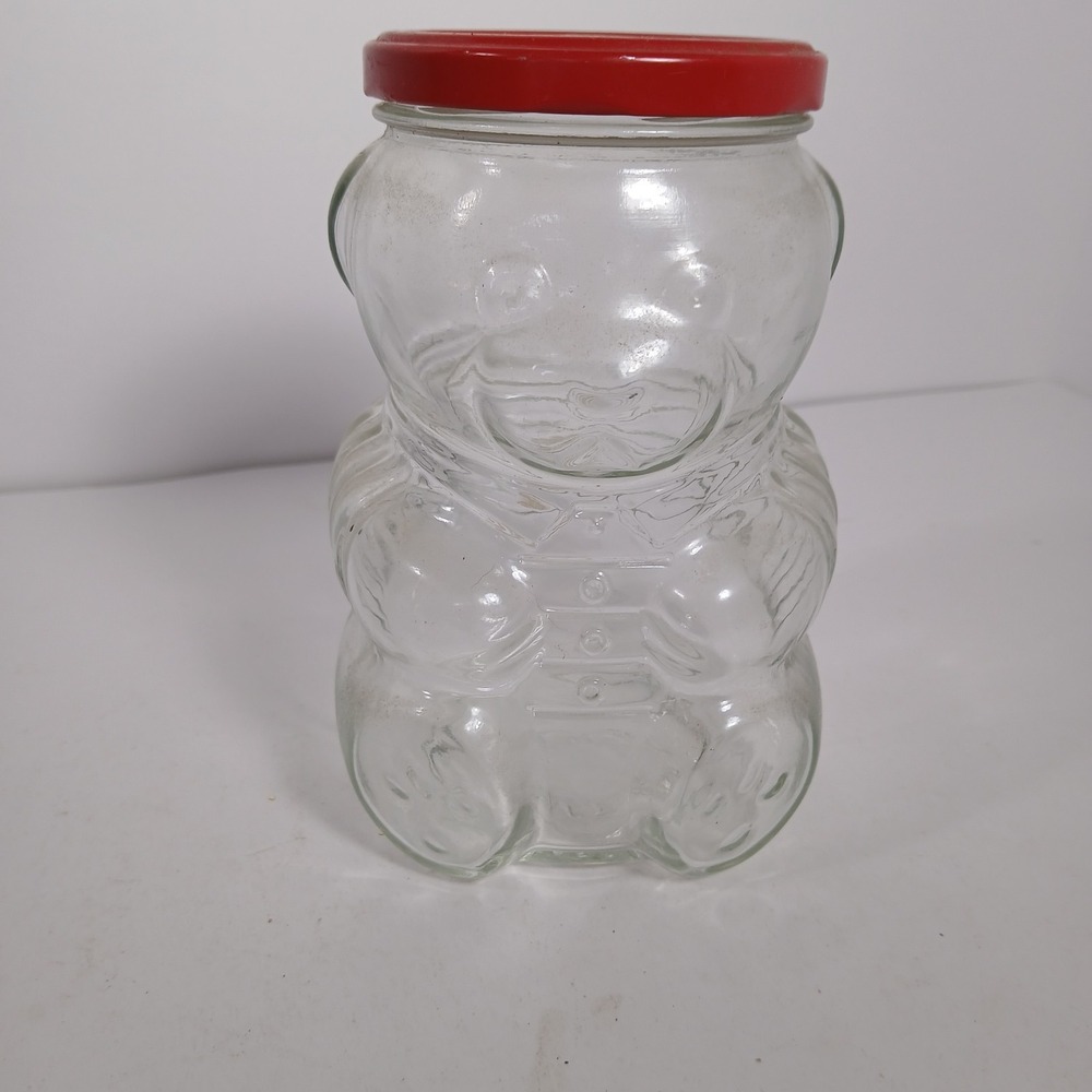 Vintage 1988 Kraft Strawberry Jam Glass Teddy Bear Jelly Jar Red Lid 6 Inch